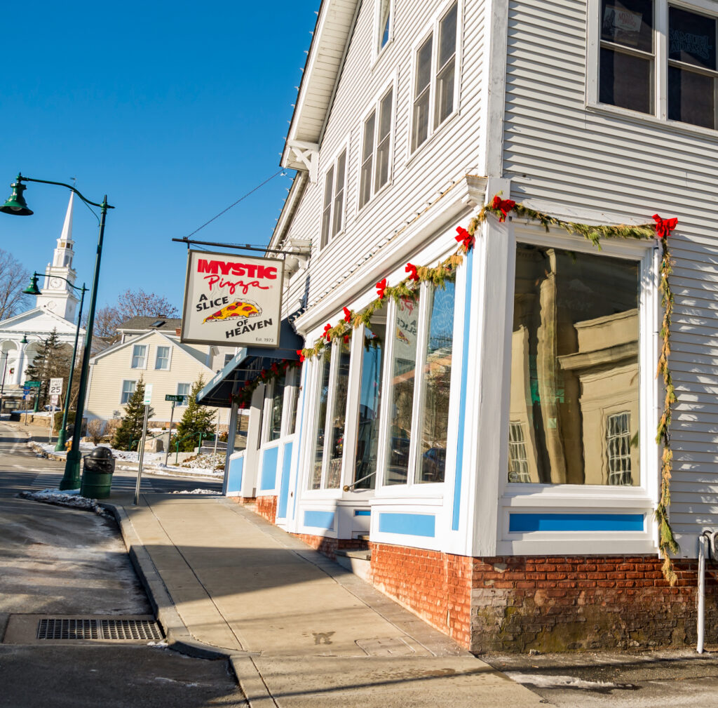 Outside of Mystic Pizza restaurant in Mystic, CT by YAY Images