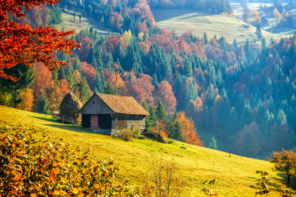 Colorful autumn landscape in a mountain village.