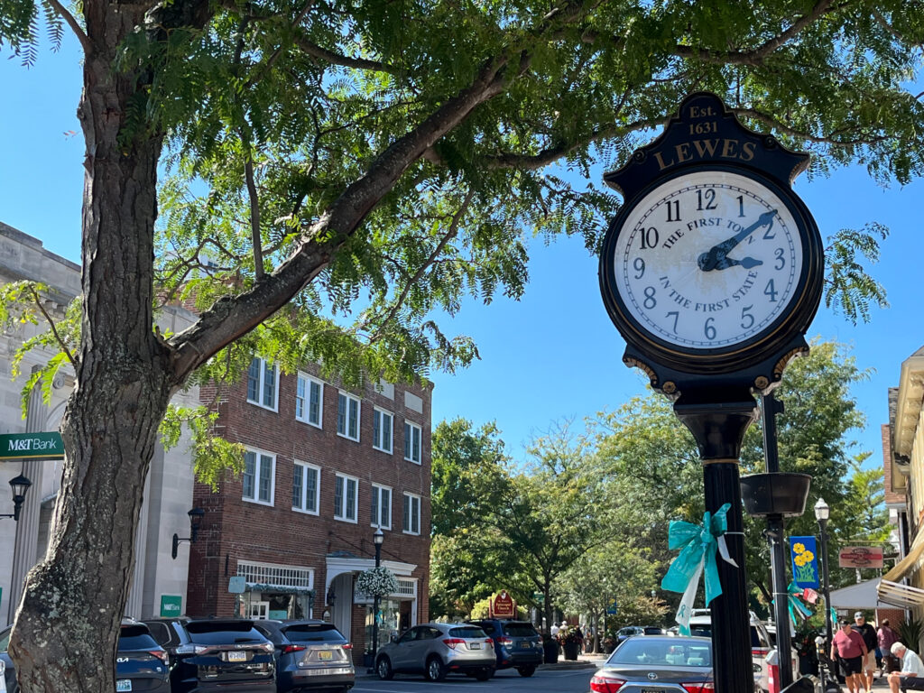Downtown historic Lewes, Delaware, with old clock Est. 1631.