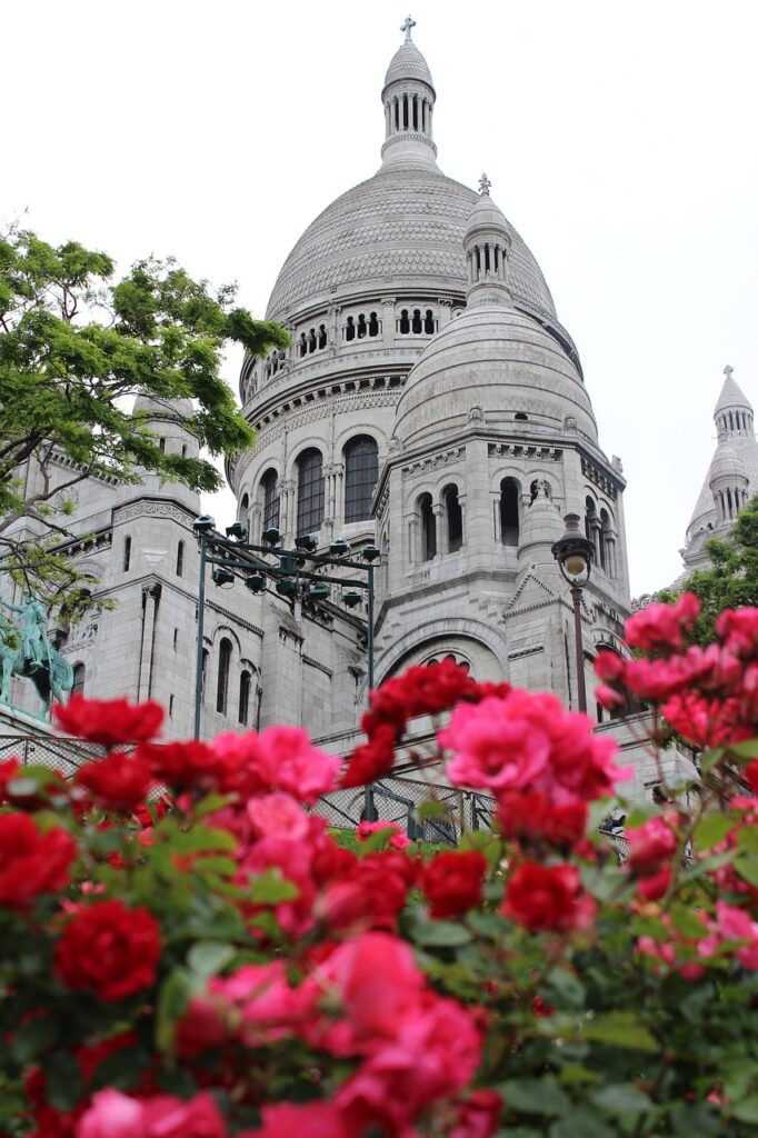 Pink roses in the foreground  of Sacre Coeur in Montmartre, Paris by Ukieri, Pixabay