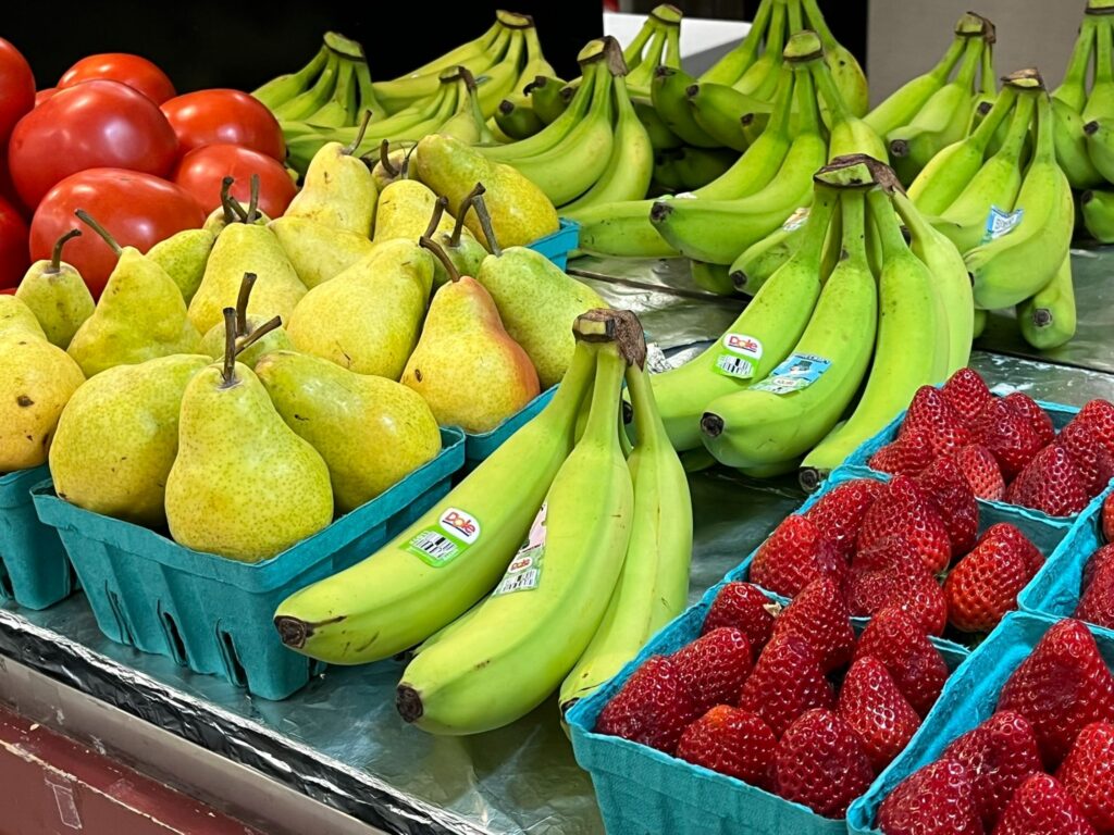 Colorful display of fresh fruit at the Amish Market in Annapolis, Maryland.
