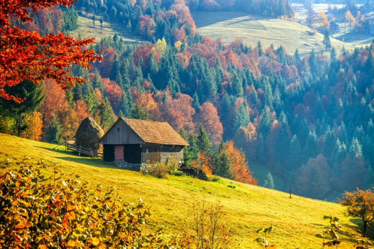 Colorful autumn landscape in a mountain village.
