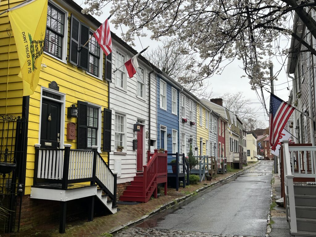 Colorful historic homes in downtown Annapolis, Maryland