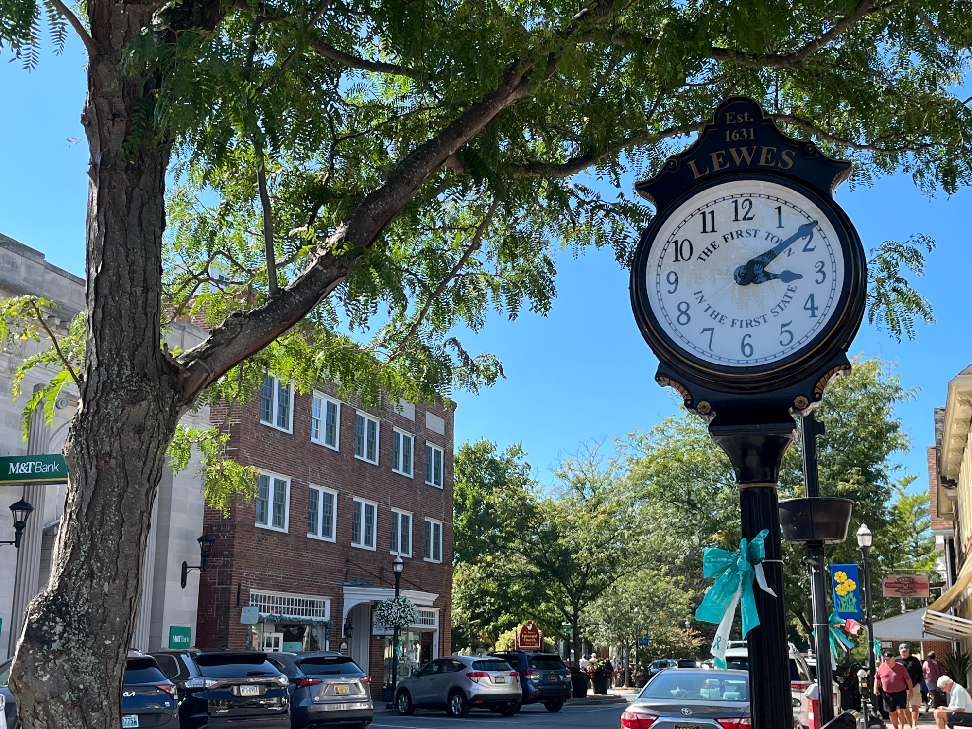 Downtown historic Lewes, Delaware, with old clock Est. 1631.