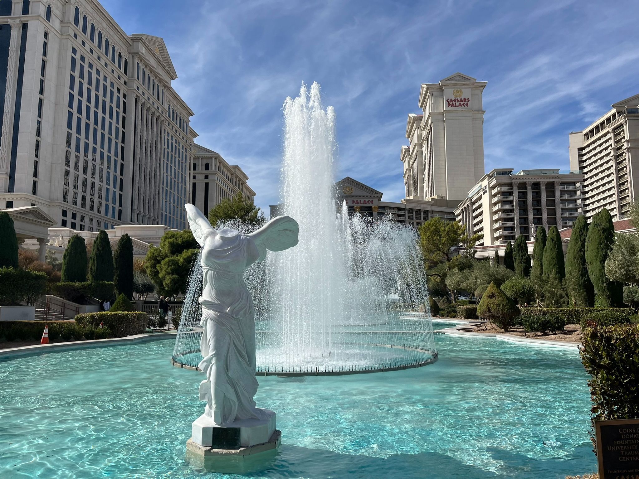 Fountain and classical statue outside Caesars Palace in Las Vegas.