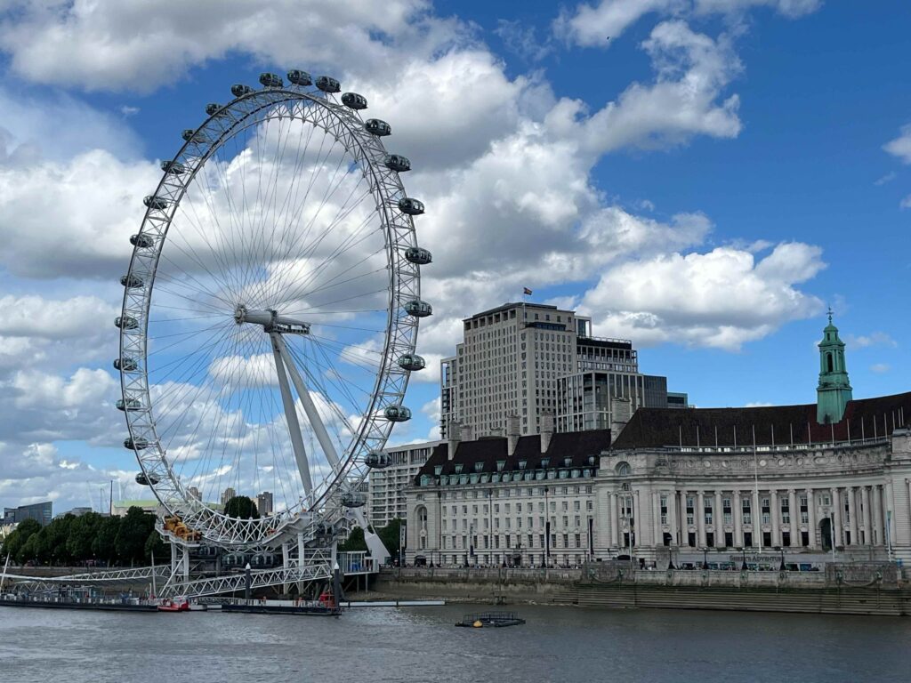London Eye beside County Hall on the South Bank in London.