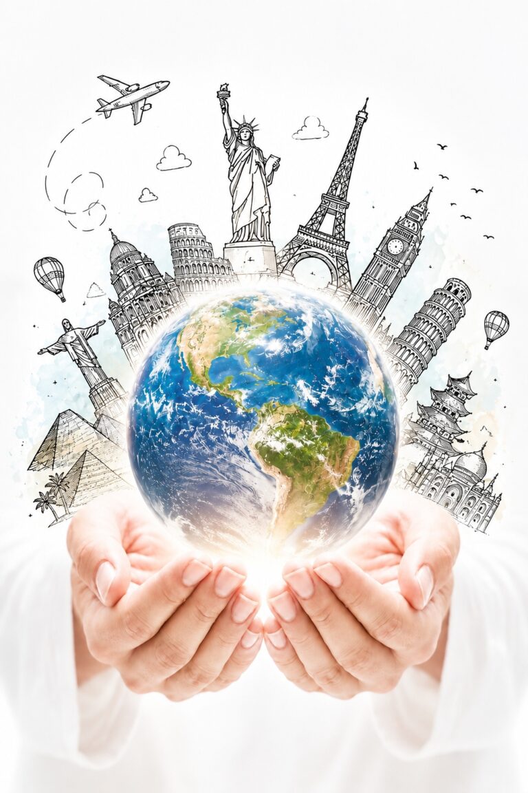 Hands holding a globe surrounded by illustrated world landmarks.