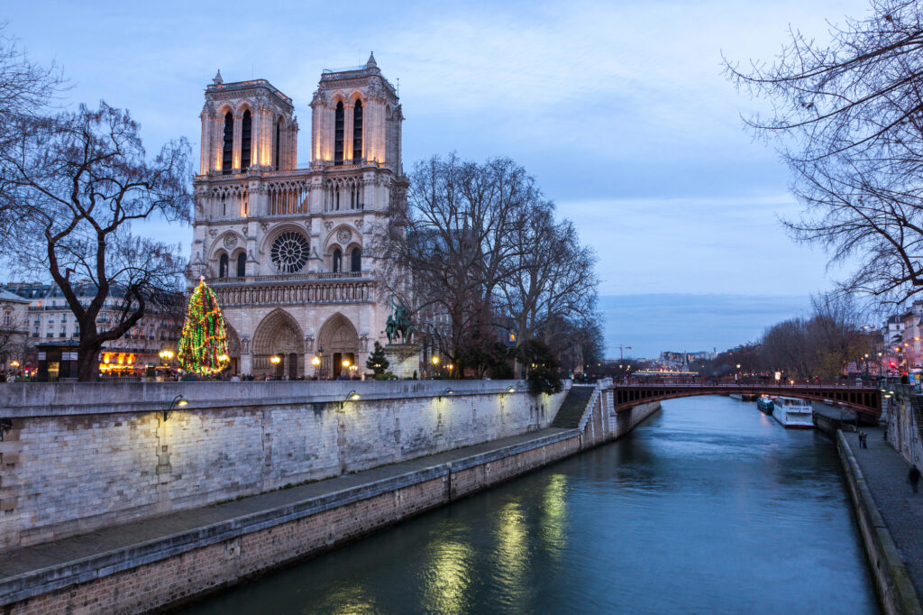 Notre-Dame Cathedral and a decorated Christmas tree beside the Seine in Paris.