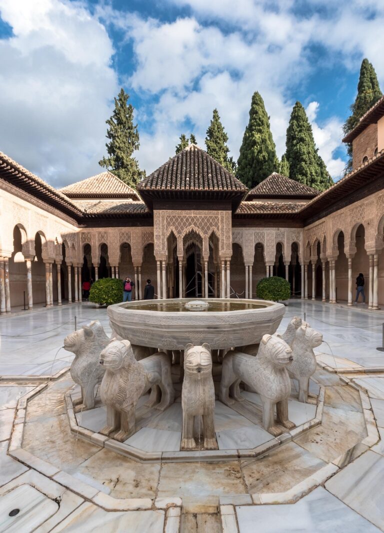 Fountain in the Court of the Lions at the Alhambra in Granada, Spain.