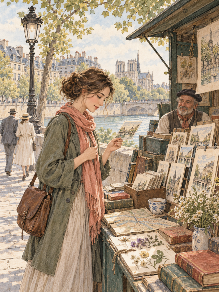Vintage-style illustration of a traveler choosing a postcard from a riverside bookstall in Paris.