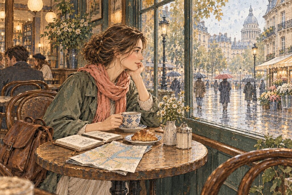 A woman with a notebook and map watches pedestrians carrying umbrellas outside a European café.