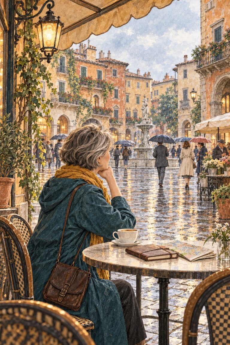 Mature solo traveler watches local life from a café overlooking a rain-washed Italian piazza.
