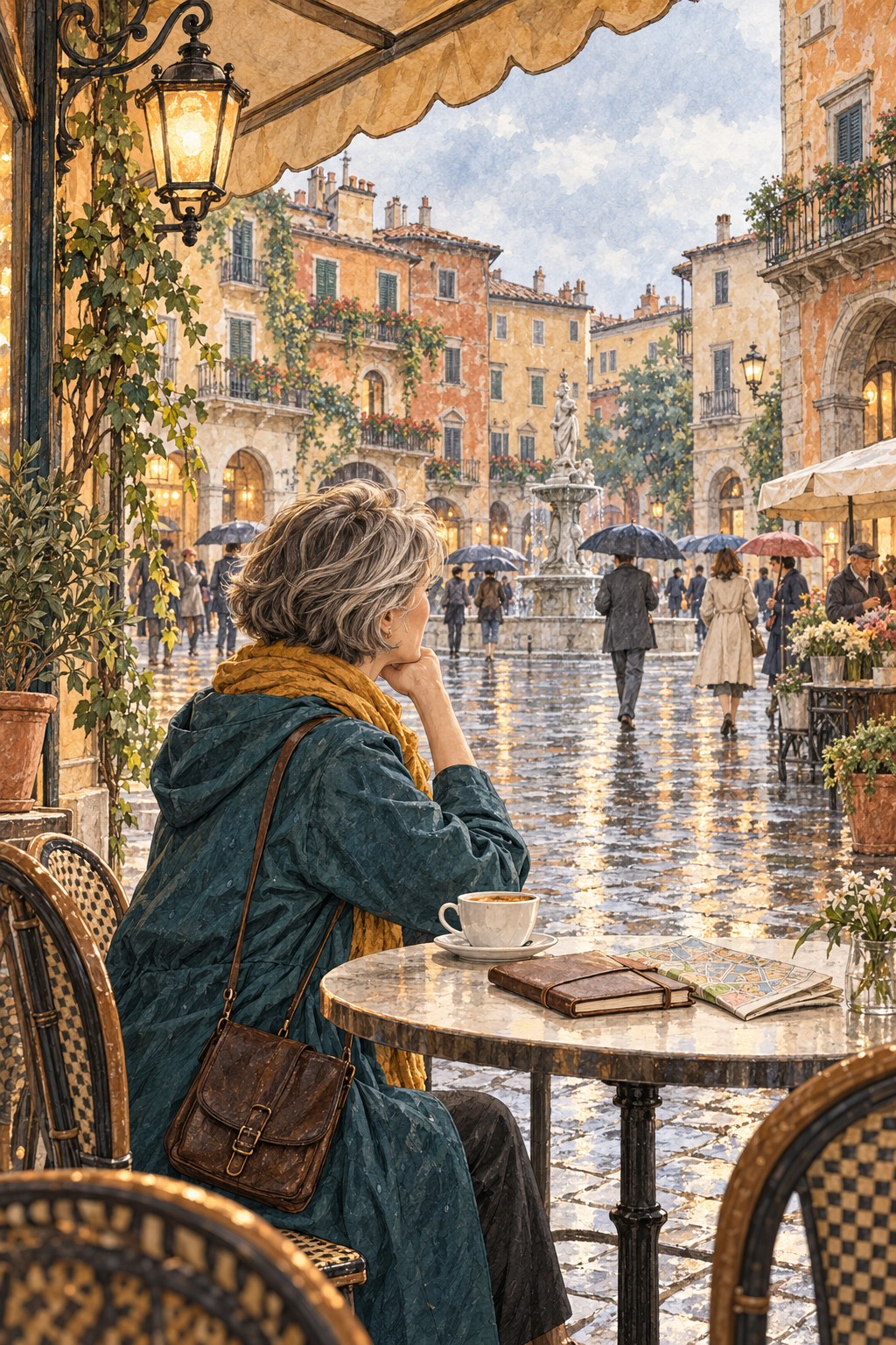 Mature solo traveler watches local life from a café overlooking a rain-washed Italian piazza.
