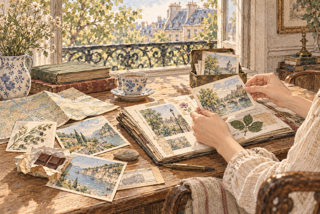 Vintage-style illustration of a traveler arranging postcards, pressed flowers, a map and other keepsakes in a travel scrapbook.
